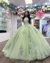 Exquisite Sage Green Quinceanera Dress Sweetheart Neckline Detachable Long Sleeves & Feather Bow Elegance