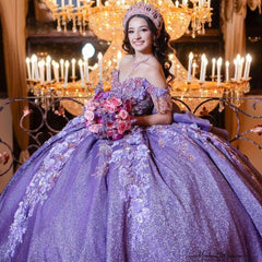 Off-Shoulder Purple Ball Gown 3D Floral Lace Beaded Sequins & Tiered Ruffles for Quinceanera Sweet 16 & Birthday Parties