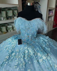 Sky Blue Ball Gown Off-Shoulder 3D Floral Applique Feather Tulle Quinceanera Dress for Sweet 16 & Princess Birthday Parties