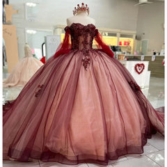 Burgundy Ball Gown Off-Shoulder Long Sleeves with Beaded 3D Flower Lace Appliques for Quinceanera Sweet 16 & Princess Birthday Parties