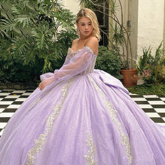 Lilac Tulle Princess Ball Gown Strapless Long Sleeves with Lace Appliques & Beaded Bow for Quinceanera Sweet 16 & Evening Galas