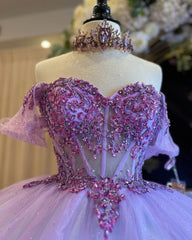 Lilac Tulle Quinceanera Dress Off-Shoulder Ball Gown with Sequins Beaded Floral Lace Appliques for Sweet 16 & Birthday Parties