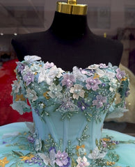 Lake Blue Ball Gown Off-Shoulder 3D Butterfly & Floral Tulle Quinceanera Dress for Sweet 16 & Evening Galas