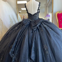 Exquisite Navy Blue Ball Gown Sweetheart Neckline with 3D Floral Appliques & Beaded Details for Quinceanera Sweet 16 or Princess-Themed Celebrations