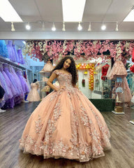 Champagne Ball Gown Off-Shoulder 3D Floral Lace Tulle Quinceanera & Sweet 16 Party Dress