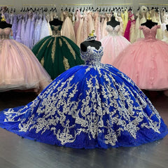 Royal Blue Ball Gown Off-Shoulder Lace Applique Beaded Tulle Quinceanera Dress for Prom Sweet 16 & Formal Events