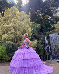 Lavender Tulle Quinceanera Dress Strapless Ball Gown with Floral Appliques & Tiered Skirt for Sweet 16