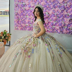 Off-Shoulder Ball Gown with 3D Floral Applique & Beaded Tulle Perfect for Quinceanera & Sweet 16 Celebrations
