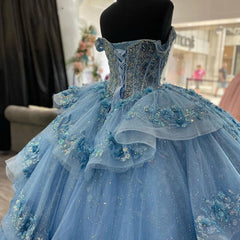 Light Blue Off-Shoulder Ball Gown with 3D Floral Appliques Tiered Tulle Quinceanera Dress for Sweet 16 & Formal Evenings