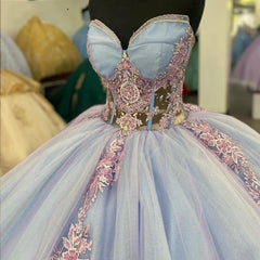 Exquisite Strapless Ball Gown with Floral Lace Appliques Sweep Train Tulle Quinceanera & Sweet 16 Evening Dress