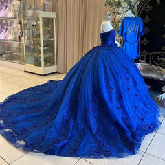 Royal Blue Quinceanera Dress Off-Shoulder Ball Gown with 3D Flower Lace & Glitter Tulle for Sweet 16 & Princess Parties