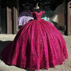 Off-Shoulder Ball Gown Sweetheart Neckline Hot Pink Tulle Quinceanera Dress for Princess Evening & Sweet 16 Parties