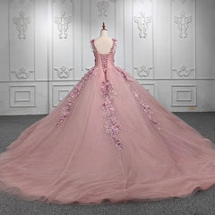 Ball Gown with Off-Shoulder Straps & 3D Floral Lace Appliques Rose Pink Tulle Quinceanera Dress for Sweet 16