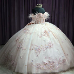Off-Shoulder Ball Gown with Feather Accents Floral Lace Appliques and Beaded Bow Princess Quinceanera & Sweet 16 Party Dress
