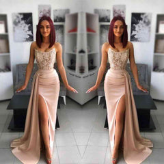 Newinlook Strapless Pink Slit Mermaid Evening Dress With Chic Appliques