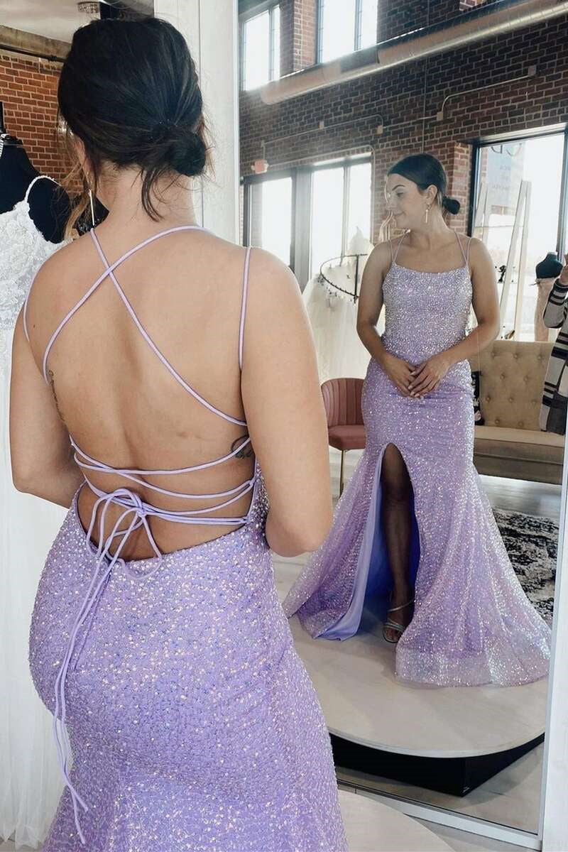 Newinlook Shallow Purple Spaghetti Strap Sequins Backless Slit Mermaid Evening Dress