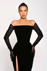 Newinlook Black Long Sleeves Split Strapless Evening Dress
