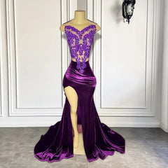 Designer Purple Sleeveless Long Mermaid Prom Dresses with Split Appliques
