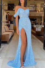 Newinlook Modern Slit Sky Blue Sweetheart Sequins Straps Mermaid Evening Dress Tulle With Detachable Ruffles