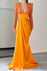 Newinlook Orange Glamorous V-Neck With Sequins Evening Dress