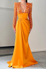 Newinlook Orange Glamorous V-Neck With Sequins Evening Dress