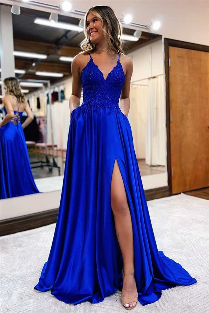 Newinlook Gorgeous Royal Blue Sweetheart Spaghetti Straps Slit Evening Dress With Appliques