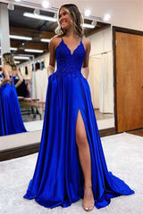 Newinlook Gorgeous Royal Blue Sweetheart Spaghetti Straps Slit Evening Dress With Appliques