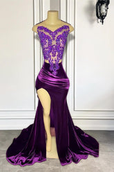Designer Purple Sleeveless Long Mermaid Prom Dresses with Split Appliques