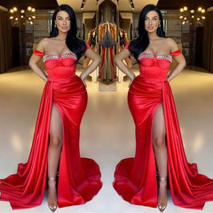 Newinlook Red Mermaid Off-The-Shoulder Beadings Sweetheart Evening Dress Long With Ruffles Split