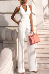 Newinlook White Slim Fit Halter V-Neck Jumpsuit High-Waist Daily Women's Jump Suit