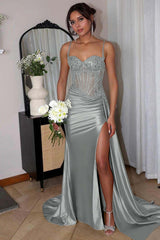 Spaghetti Strap Sleeveless Split Long Mermaid Formal Dress With Appliques