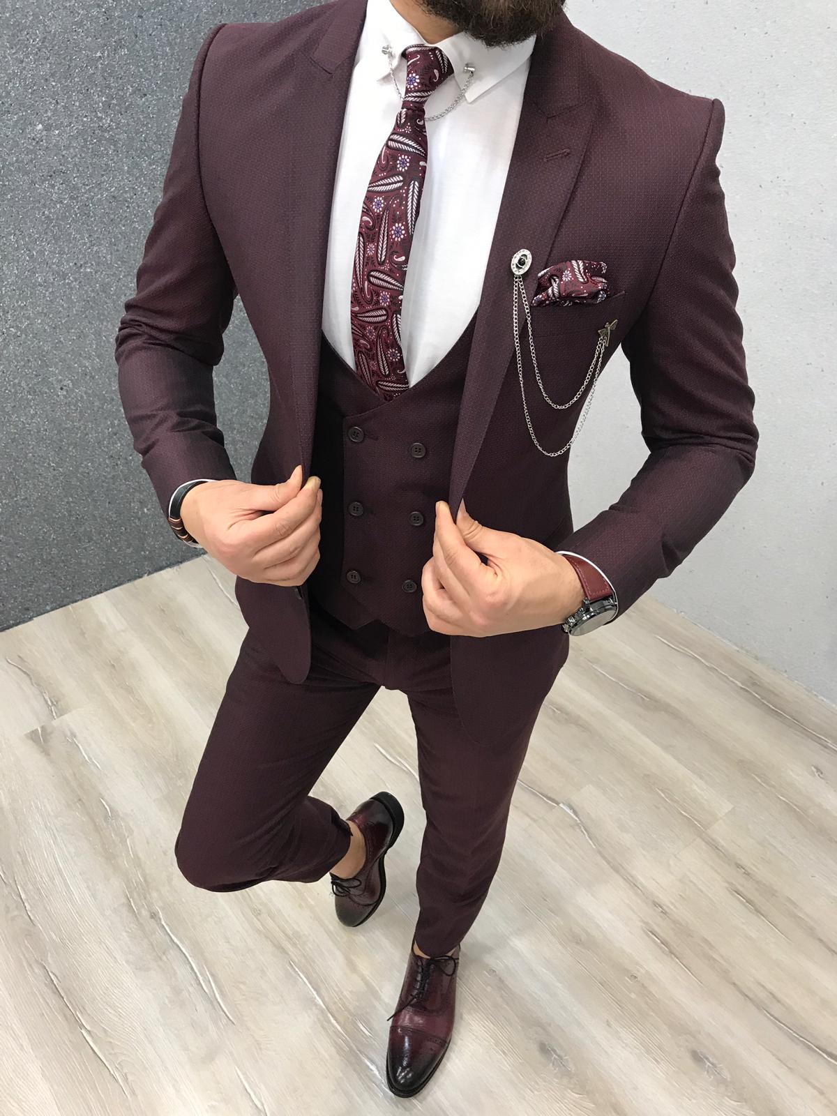 Newinlook Handsome Burgundy Reception Suit with Peaked Lapel and Three Pieces
