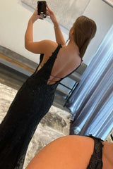 Newinlook Sexy Black Sheer Straps Deep V-Neck Lace Mermaid Evening Dress With Appliques