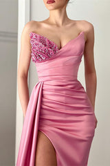 Newinlook Pink V-Neck Beads Long Slit Mermaid Evening Dress With Ruffles