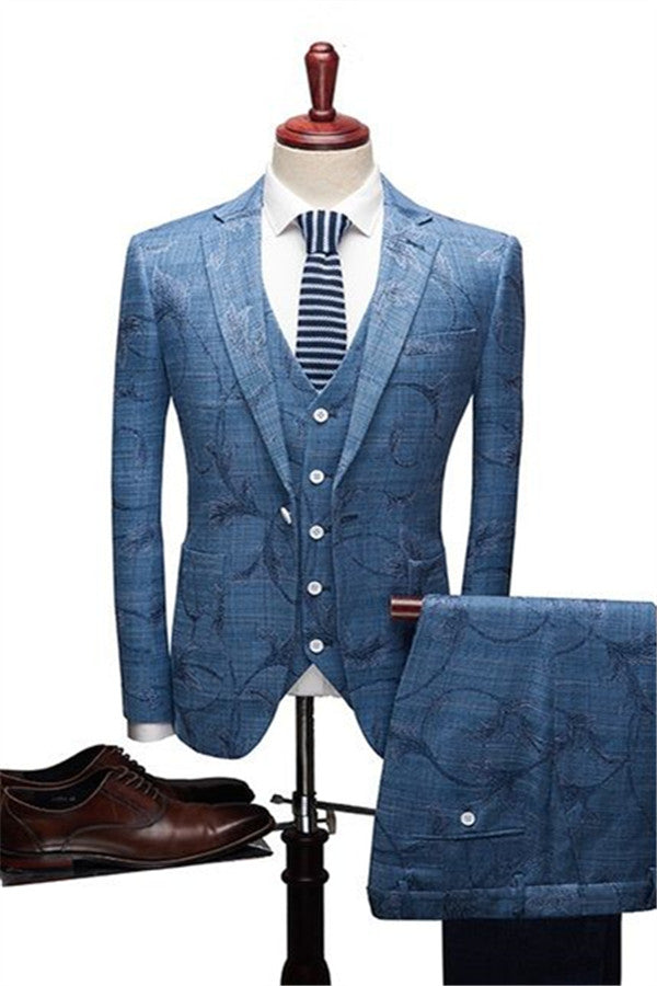 Newinlook Ocean Blue Print Designer Wedding Suit - Notched Lapel for Men