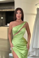 Newinlook Light Green One-Shoulder Long Sleeveless Slit Evening Dress