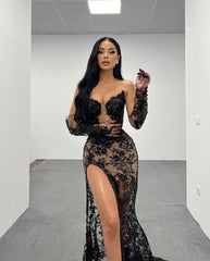 Lace Black Long Formal Dress With High Split Gown Gloves Printing