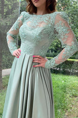 Newinlook Long Sleeves Dusty Sage Evening Dress Split With Lace