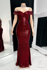 Newinlook Elegant Gorgeous Off-The-Shoulder Sequins Slit Evening Dress