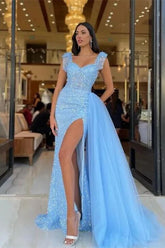 Newinlook Modern Slit Sky Blue Sweetheart Sequins Straps Mermaid Evening Dress Tulle With Detachable Ruffles