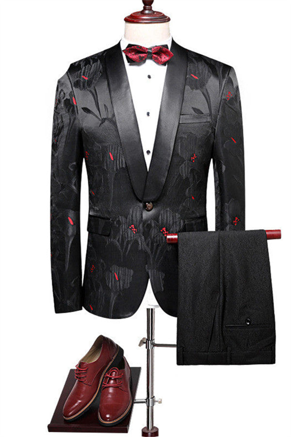 Newinlook Fashion Black Jacquard Slim Fit Prom Suit for Men, 2 Pieces