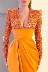 Newinlook Orange Glamorous V-Neck With Sequins Evening Dress
