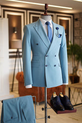 Newinlook Stylish Sky Blue Double-Breasted Groom Suit with Peaked Lapel