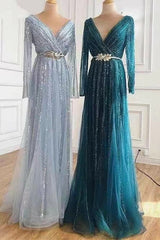 Newinlook Elegant Deep V-Neck Long Sleeves Sequins Evening Dress With Beads Tulle