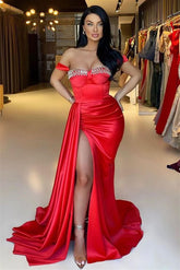 Newinlook Red Mermaid Off-The-Shoulder Beadings Sweetheart Evening Dress Long With Ruffles Split