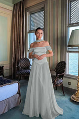 Stunning Off the Shoulder Sleeveless Long Formal Dress With Pleated