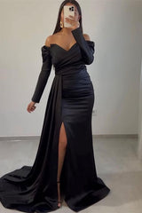 Newinlook Off-The-Shoulder Sweetheart Mermaid Long Sleeves Front Split Evening Dress With Ruffle