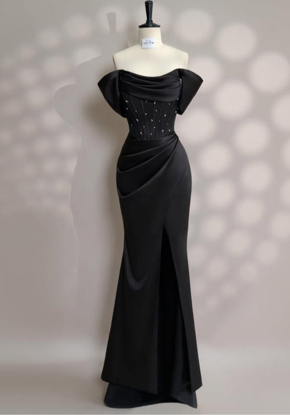 Newinlook Black Off-The-Shoulder Split Bow Evening Dress