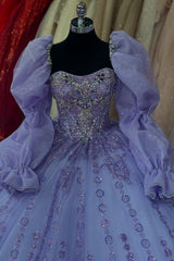 Lilac Ball Gown with Sweetheart Neckline Long Lantern Sleeves and Beaded Sequins Perfect for Quinceanera Birthday Parties & Formal Evenings