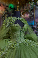 Sage Green Quinceanera Dress Strapless Beaded Tulle Ball Gown with Shawl & Bow for Sweet 16 & Formal Events